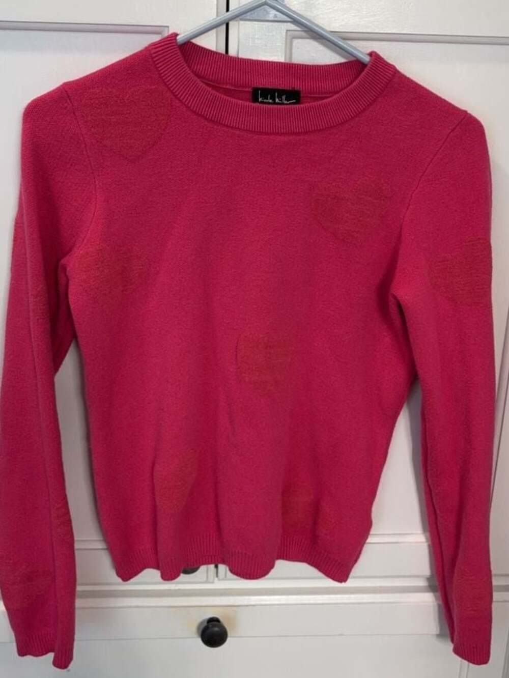 Nicole Miller New York Pink Cozy Heart Love Pattern Crewneck Sweater Small